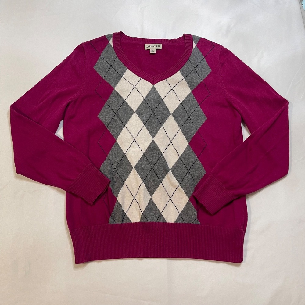 St Johns Bay Womens L Pink Argyle V Neck Sweater 100% Cotton Preppy Academia